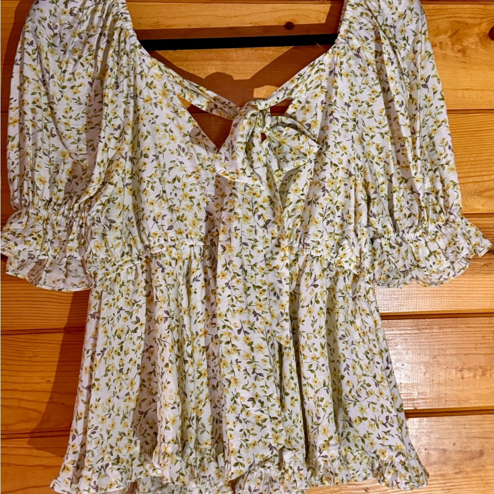💛Blu Pepper💛 Yellow Ditsy Floral Puff Sleeve Peplum Blouse Tie Back